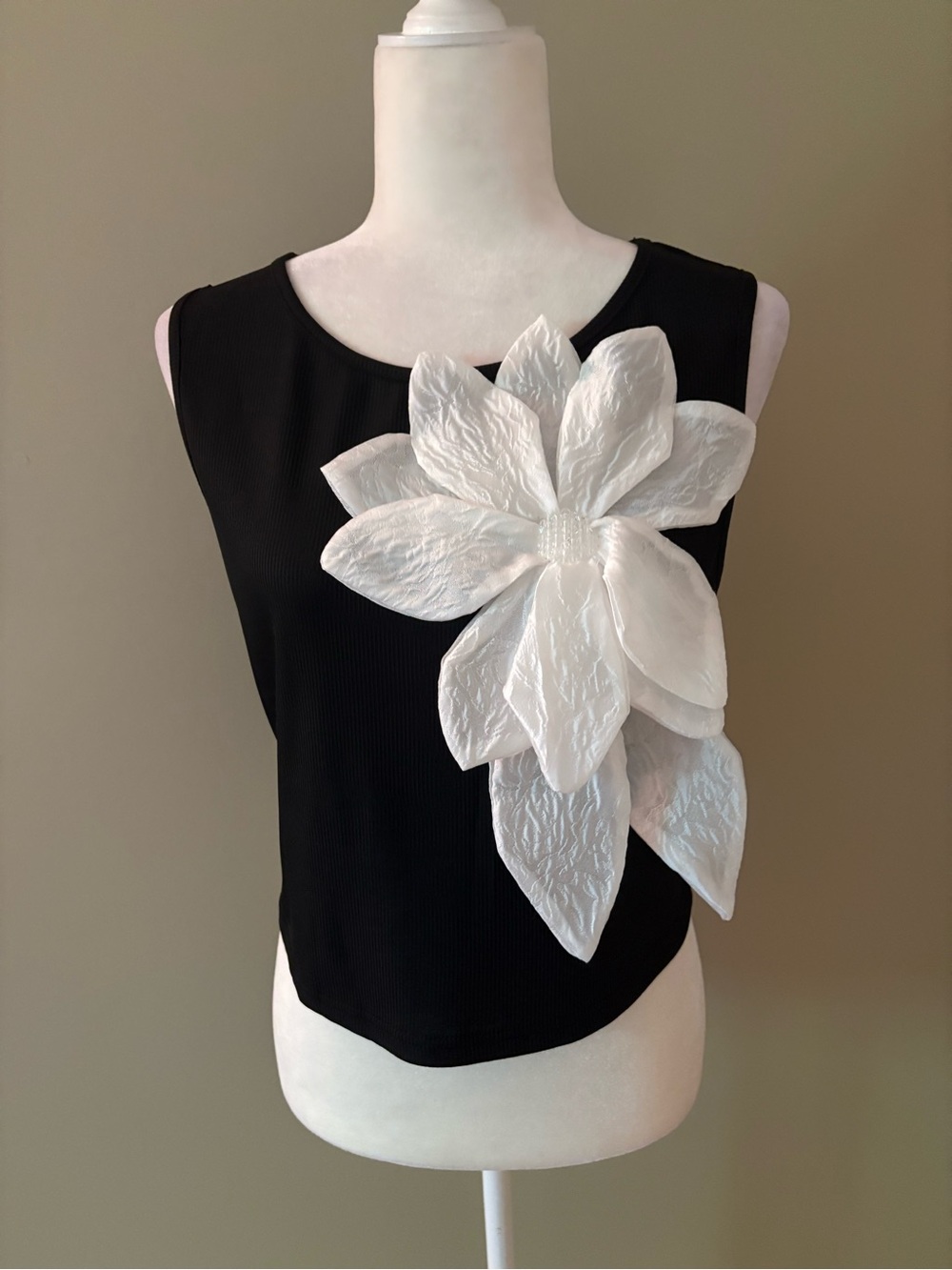 Women’s Black Sleeveless Top with White Floral Applique